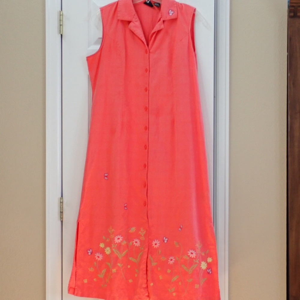 Erika Womens Dress Sz Large Maxi Coral Linen Rayon Embroidered Floral Butterfly